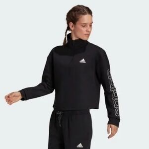 Adidas Essentials Cropped 1/4 Zip Sleeve Spellout Sweatshirt L Black